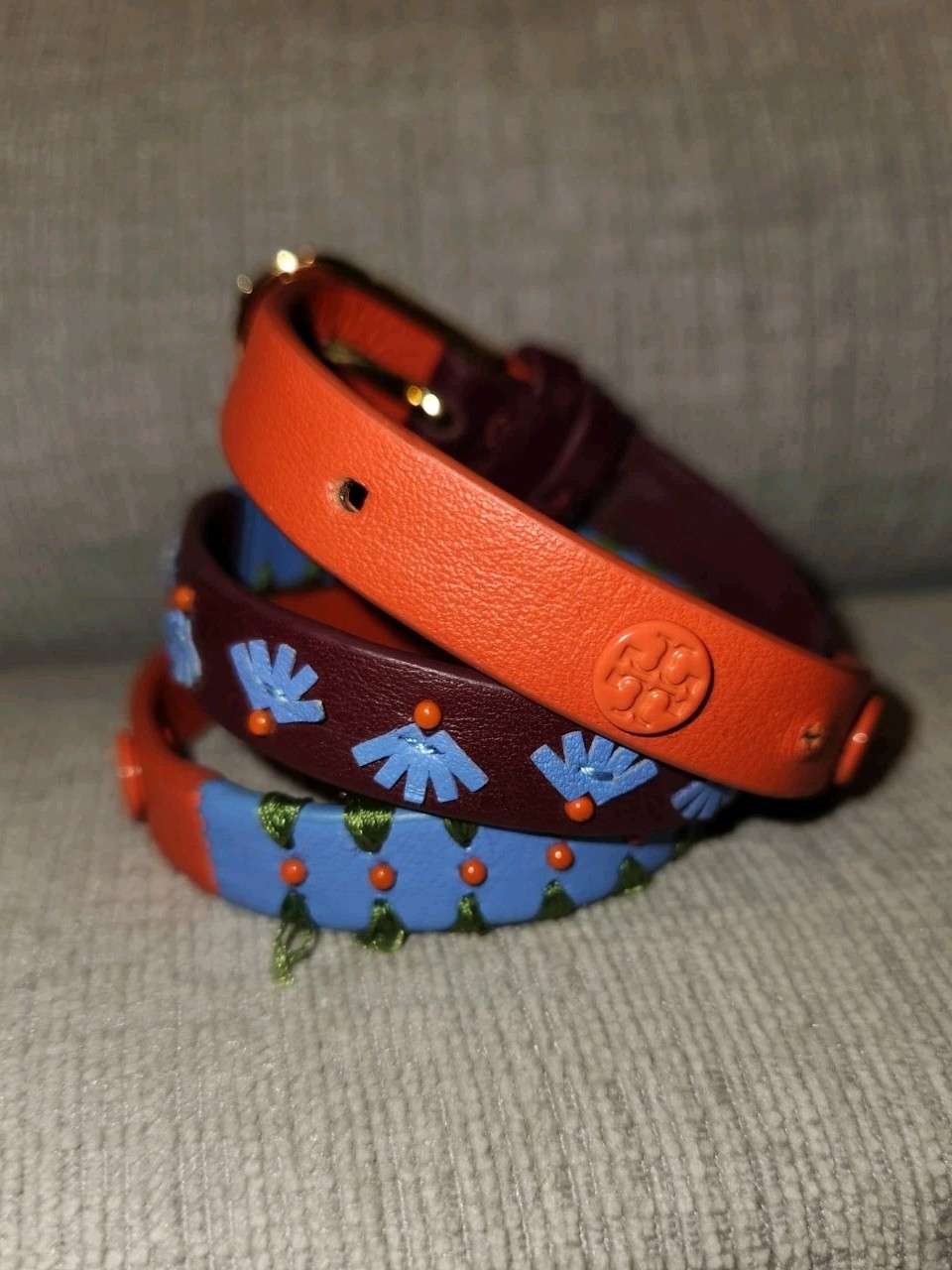 Tory Burch Orange Blue Leather Woven Logo Wrap Bracelet Belt Look Design