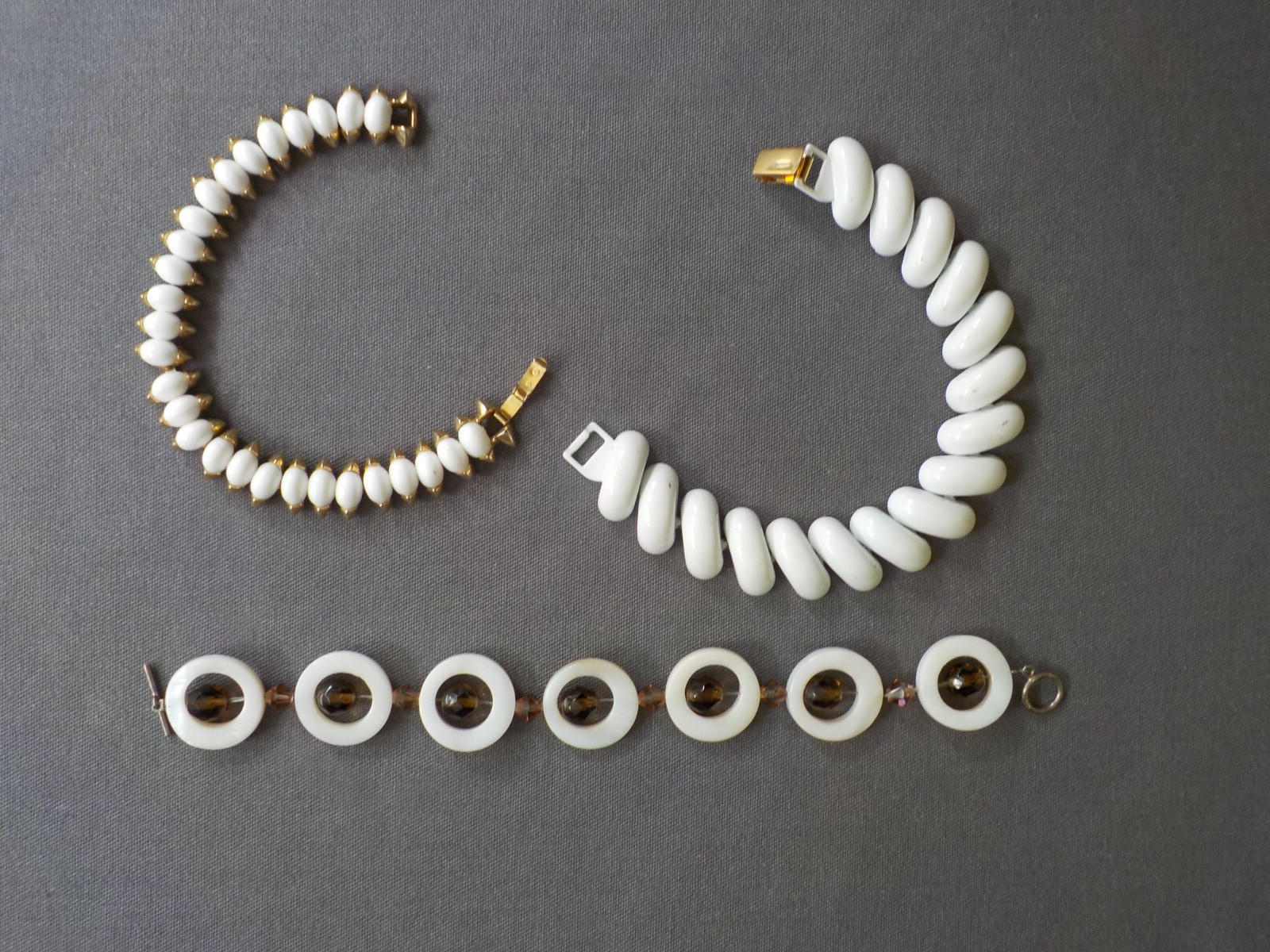 White Bracelet Mix Lot 3 Enamel Plastic Mother of Pearl Glass Bead Metal