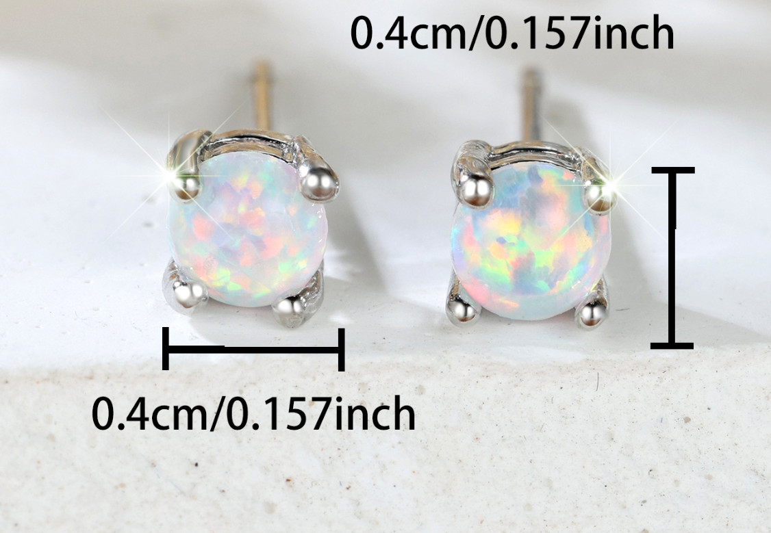 Round White Small Blue Fire Opal 925 Sterling Silver Stud Post Earrings 4mm PE19
