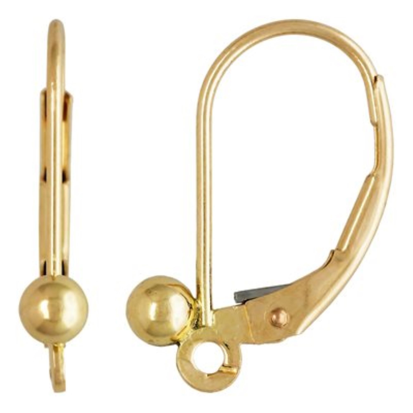 Solid 14K Yellow Gold Leverback Split Ring 3mm Ball Earring Findings 2Pcs/1Pair