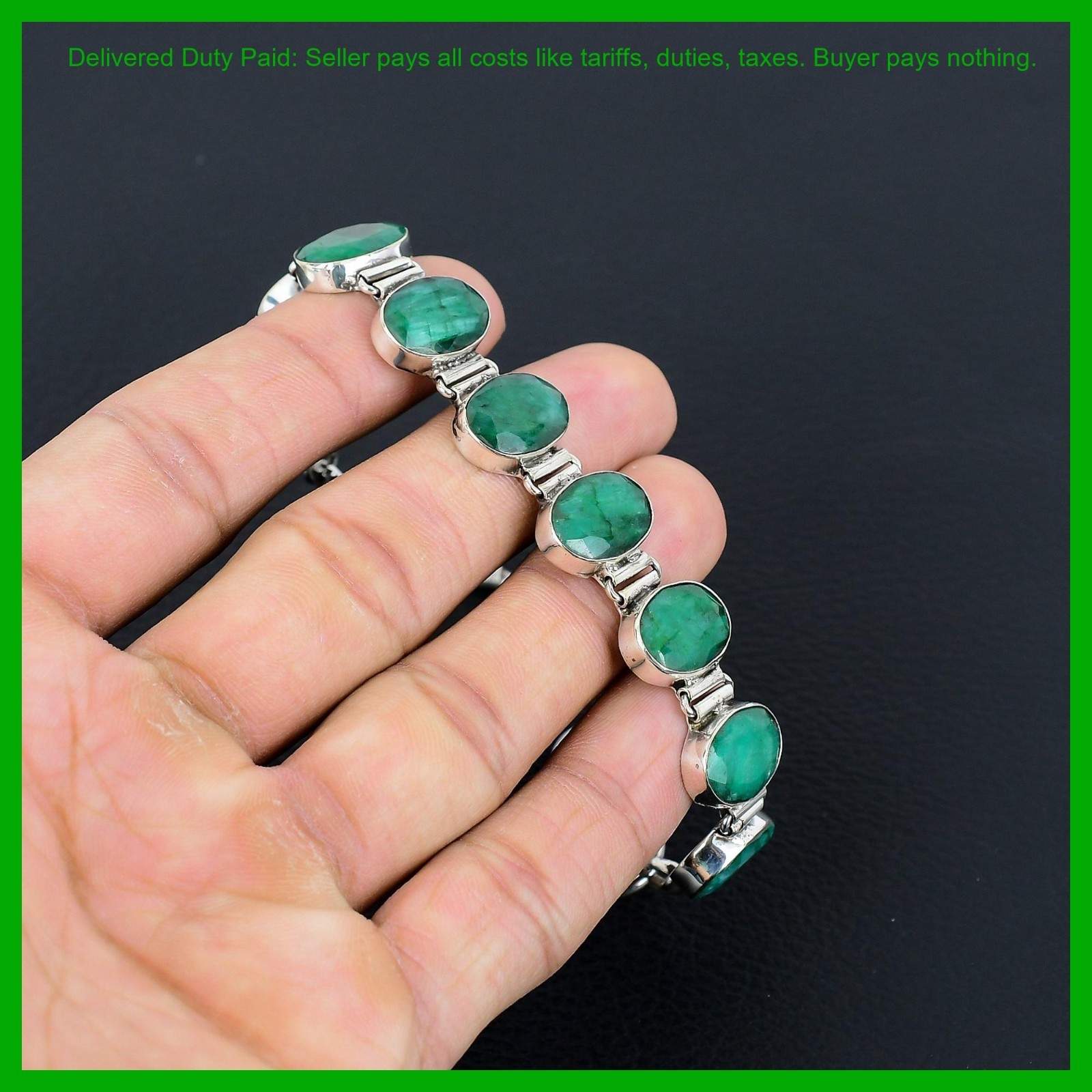 Oval Zambian Emrald Gemstone 925 Sterling Silver Anniversary Gift Chain Bracelet