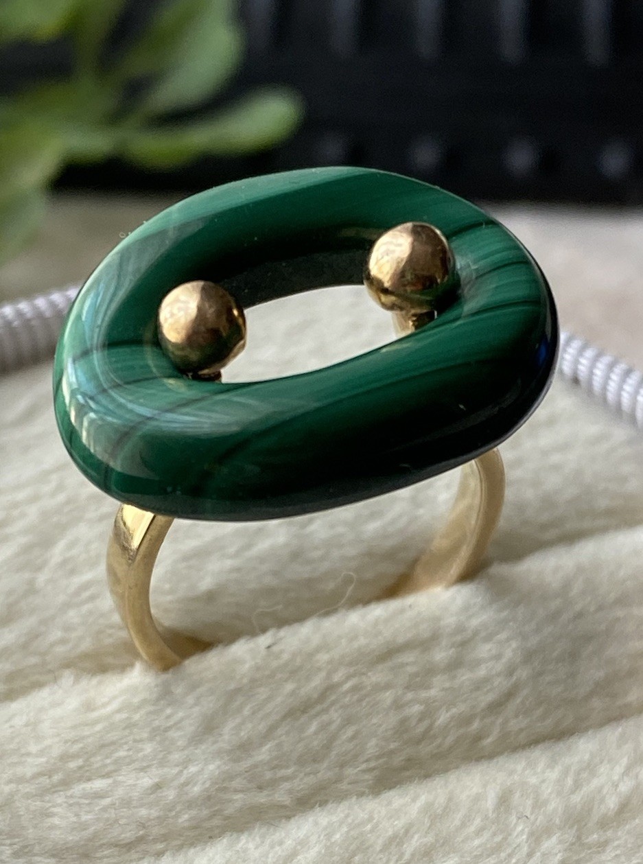 Vintage Custom Modern Space Age 14k Yellow Gold Malachite Statement Ring 7