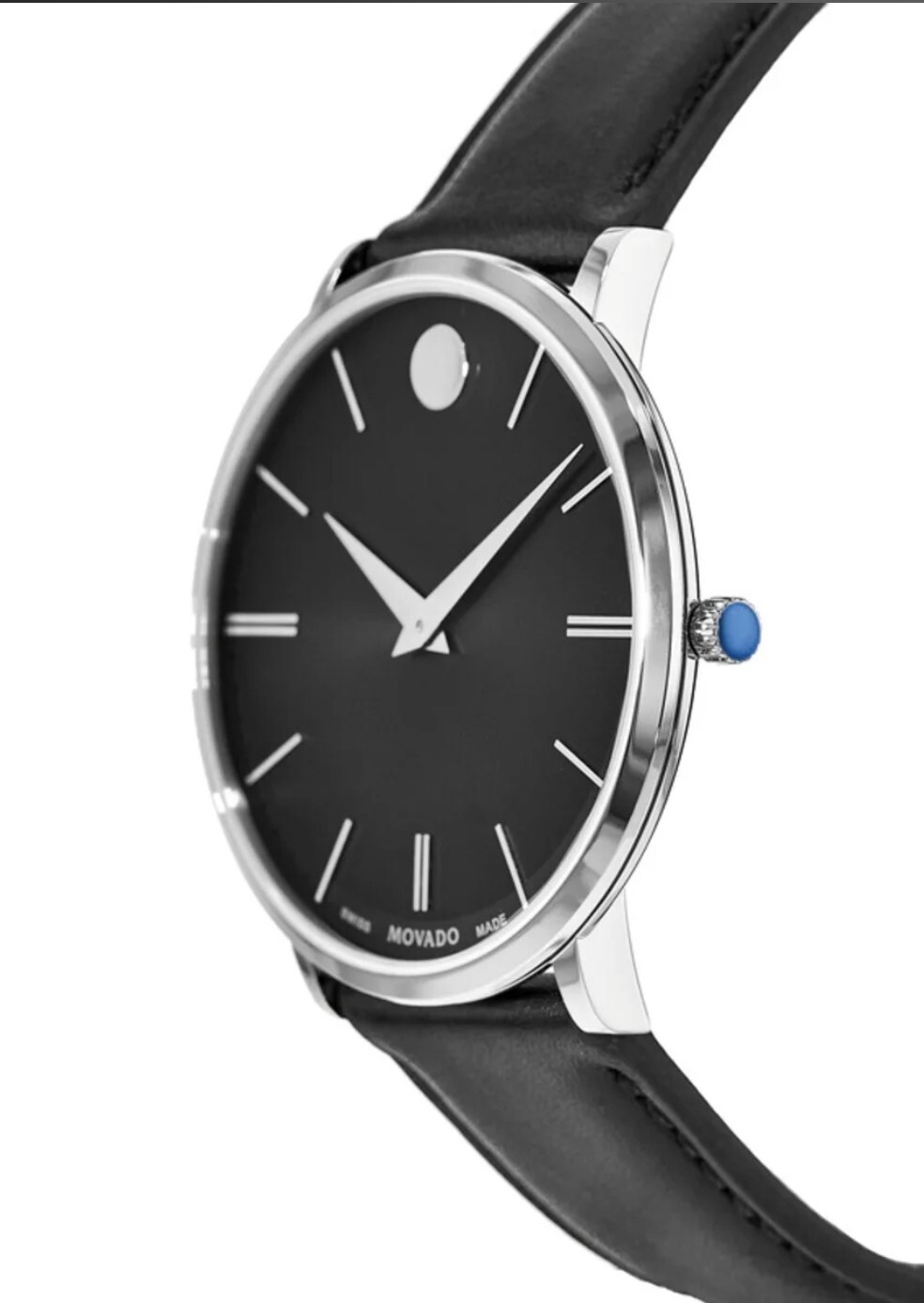 NEW MovadoUltra Slim Black Dial Leather Strap Men’s Swiss Watch 0607086