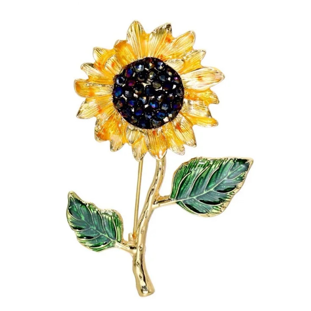 Sunflower Brooch Rhinestone Crystal Gold & Yellow Flower Pin Jewelry Summer Gift