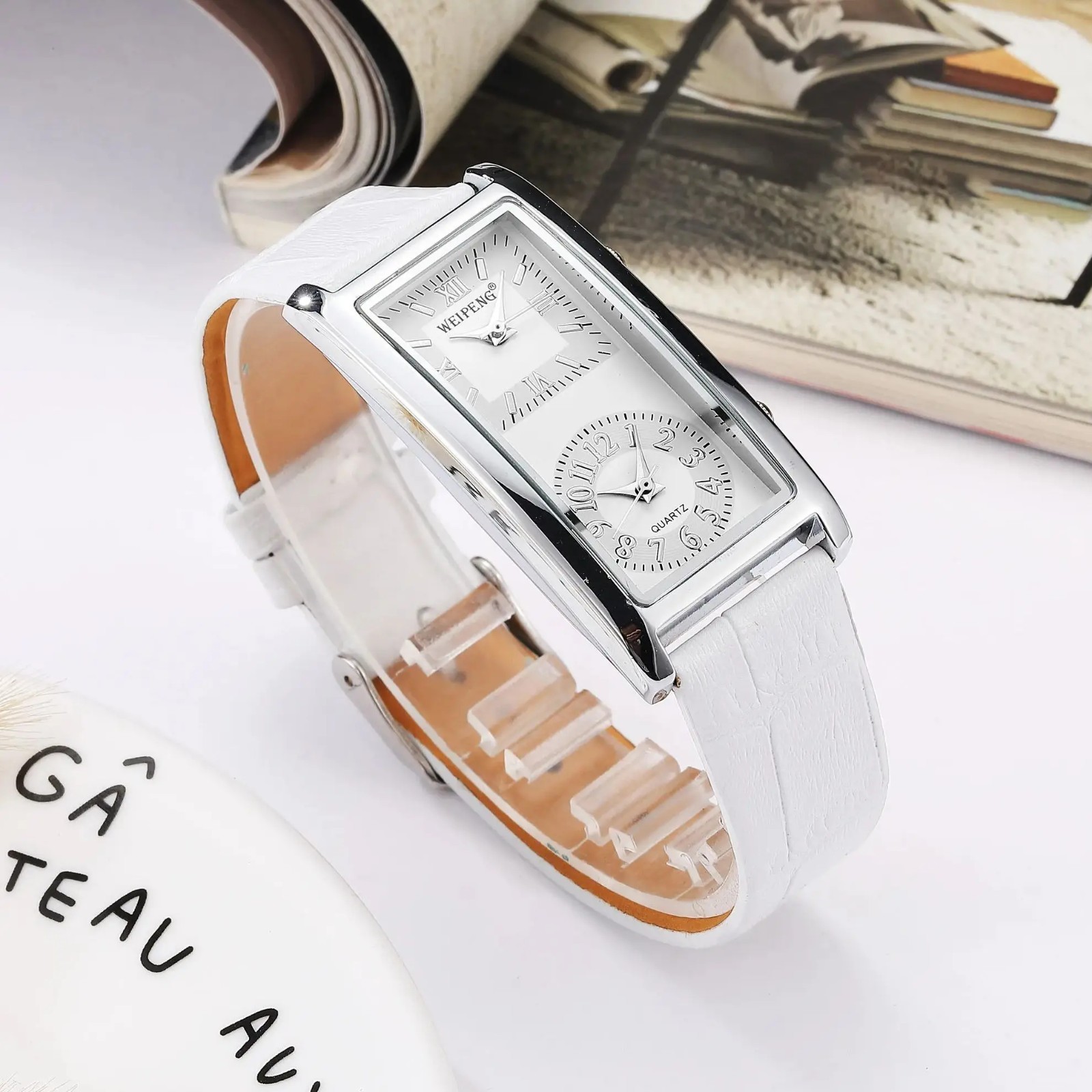 Men’s Women’s Dual Time Zone Quartz Rectangle Wrist Watch Black PU Leather Band