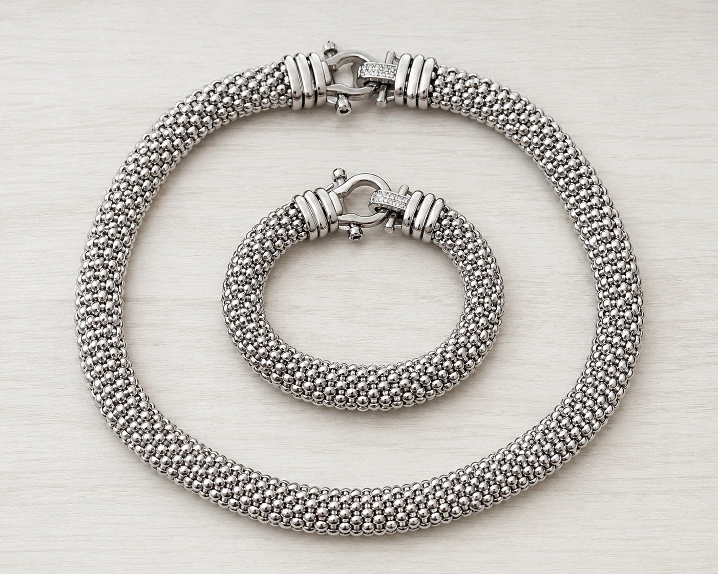 Emma Skye DSMK Stainless Steel Mesh Necklace Bracelet Set Rhinestone 18” 6.5”