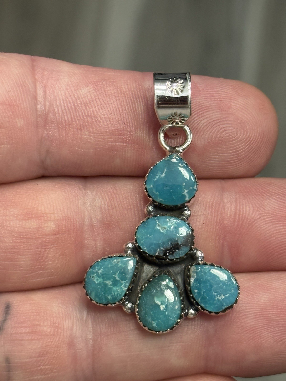 STERLING SILVER WHITE WATER TURQUOISE 5 STONE MIX SHAPE CLUSTER PENDANT .925