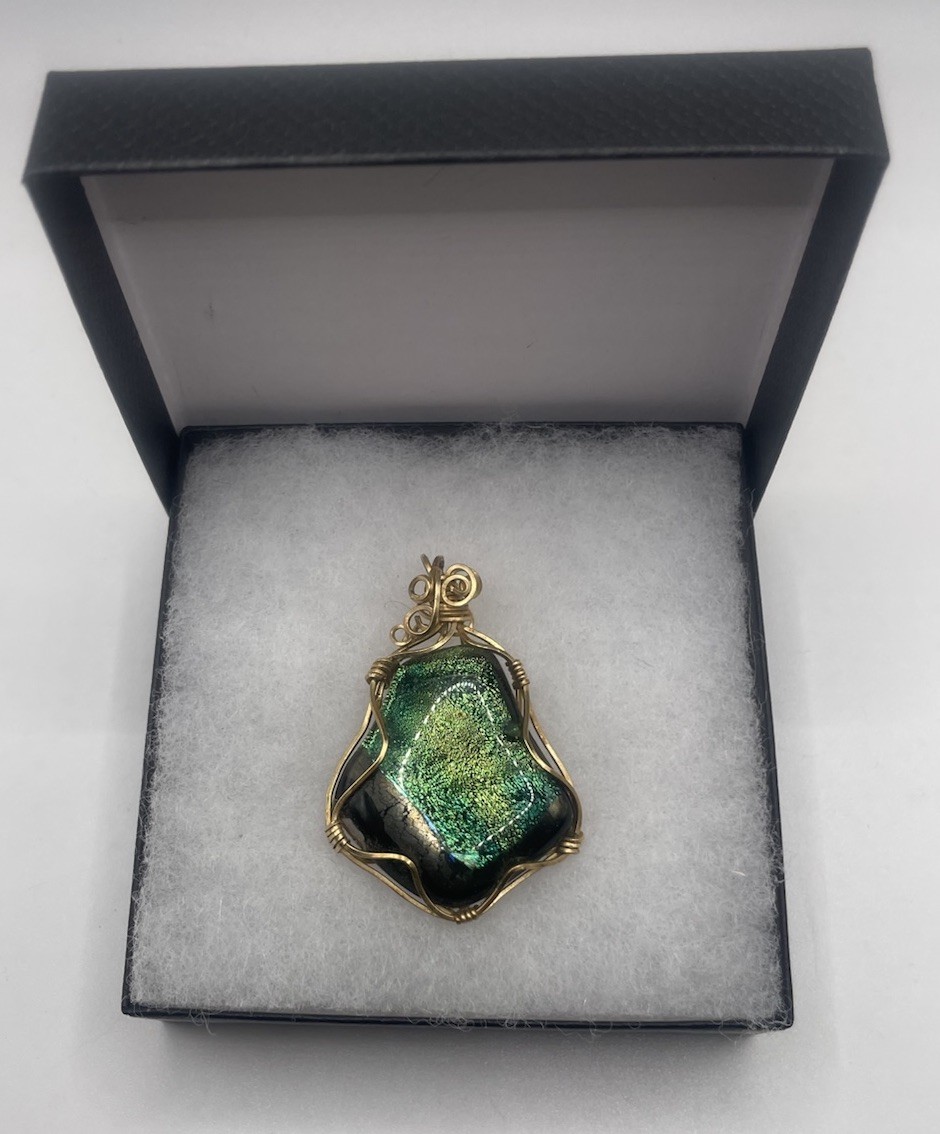 Blue Green Gold Dichroic Glass Pendant Handmade Gold Tone Wire Wrapped