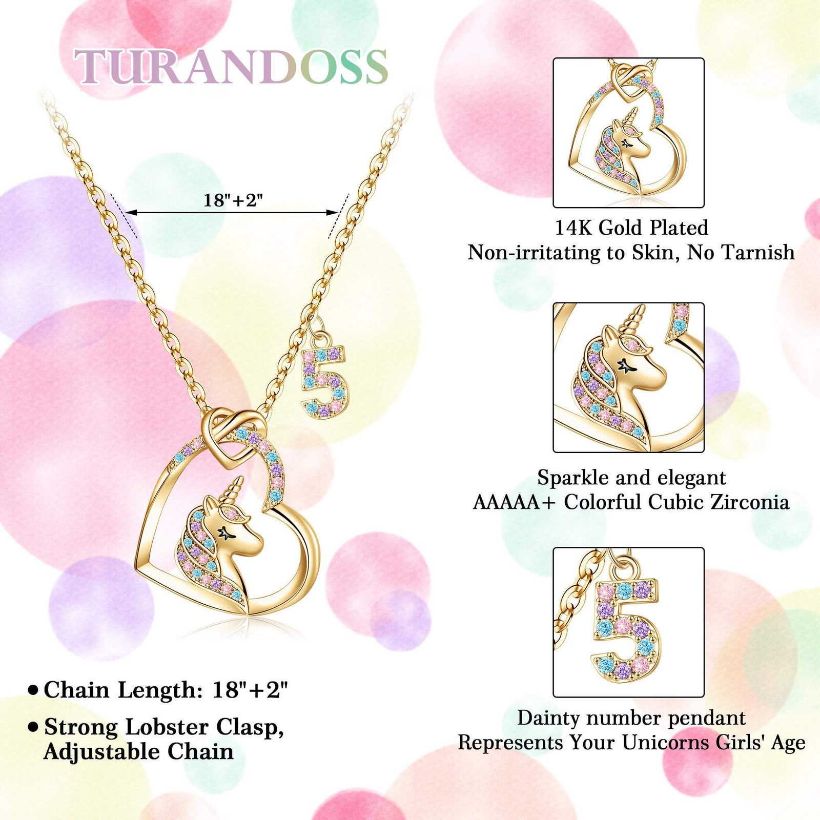 Turandoss Gold Heart Zircon Unicorn Necklace for Kids 3-8 Year Old, 18+2.5In
