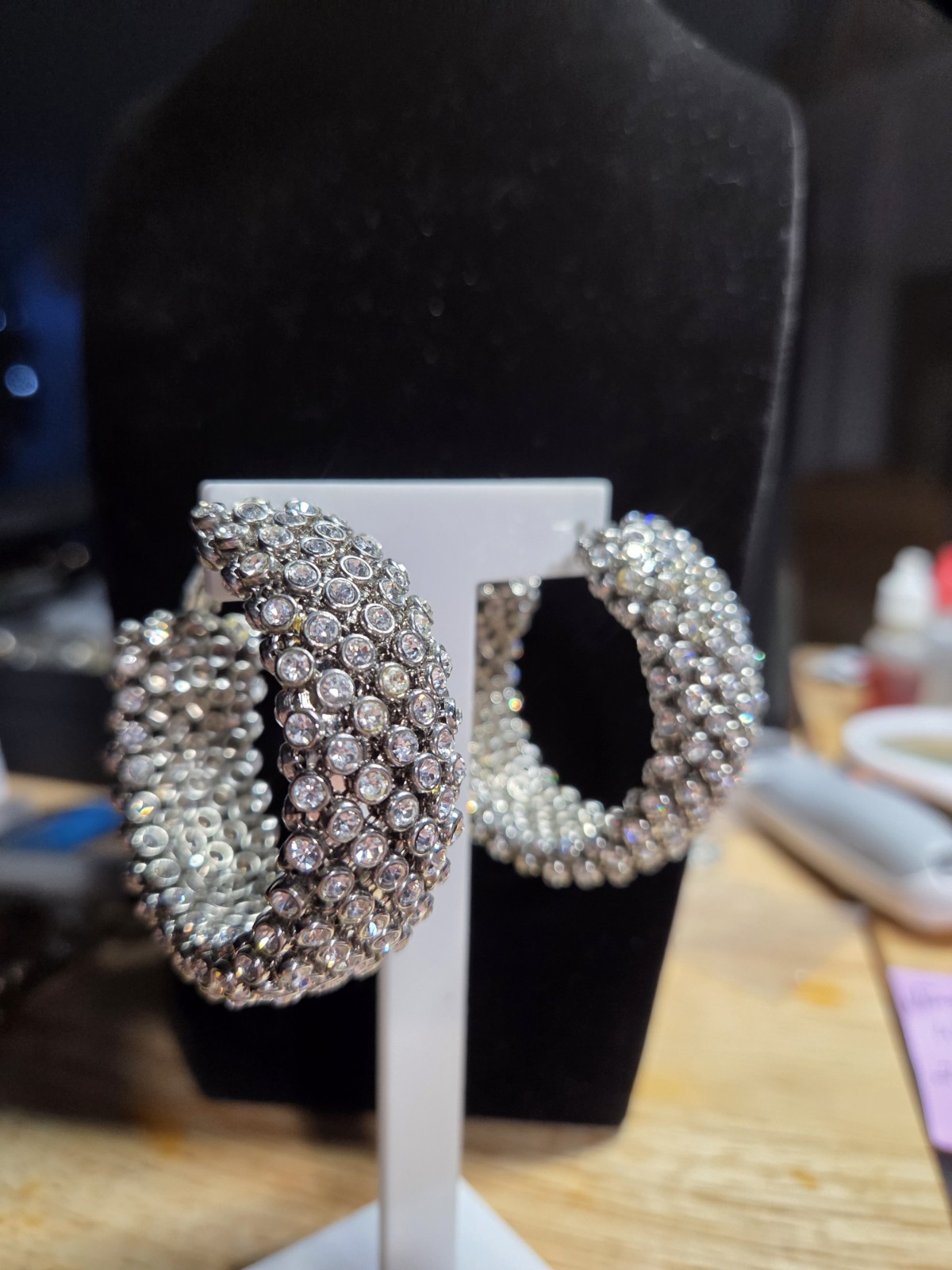 Silver Tone Clear Rhinestone Wide Hoop Earrings 2″ Sparkly Latch Back
