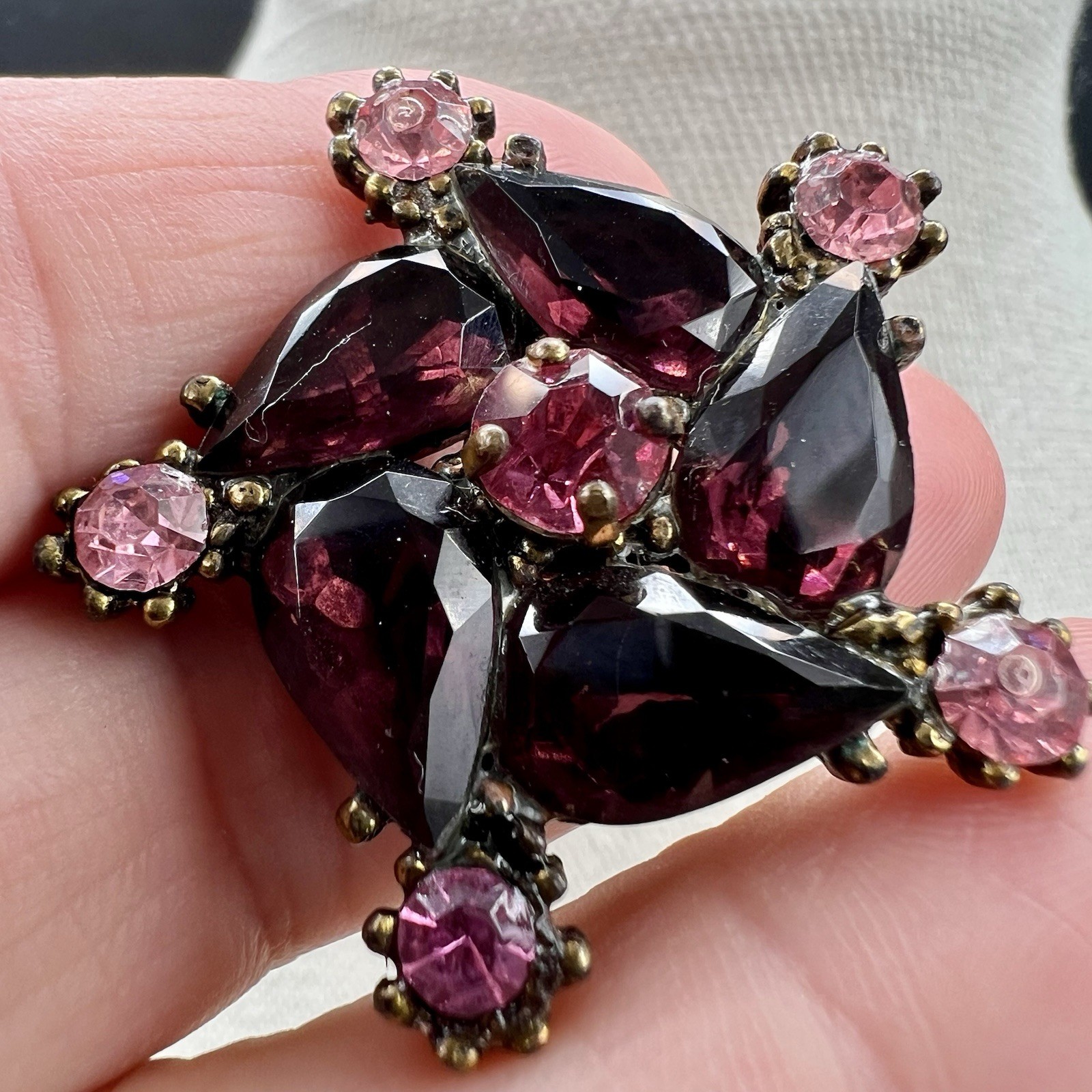 Vintage Plum Purple Navette Rhinestone Floral Statement Brooch Gold Tone