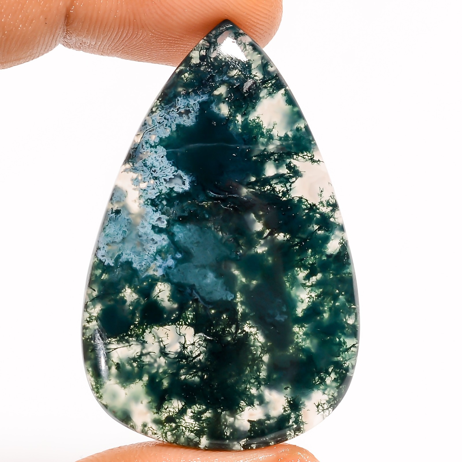 100% Natural Moss Agate Pear Shape Cabochon Loose Gemstone 49 Ct 44X28X4mm UG355