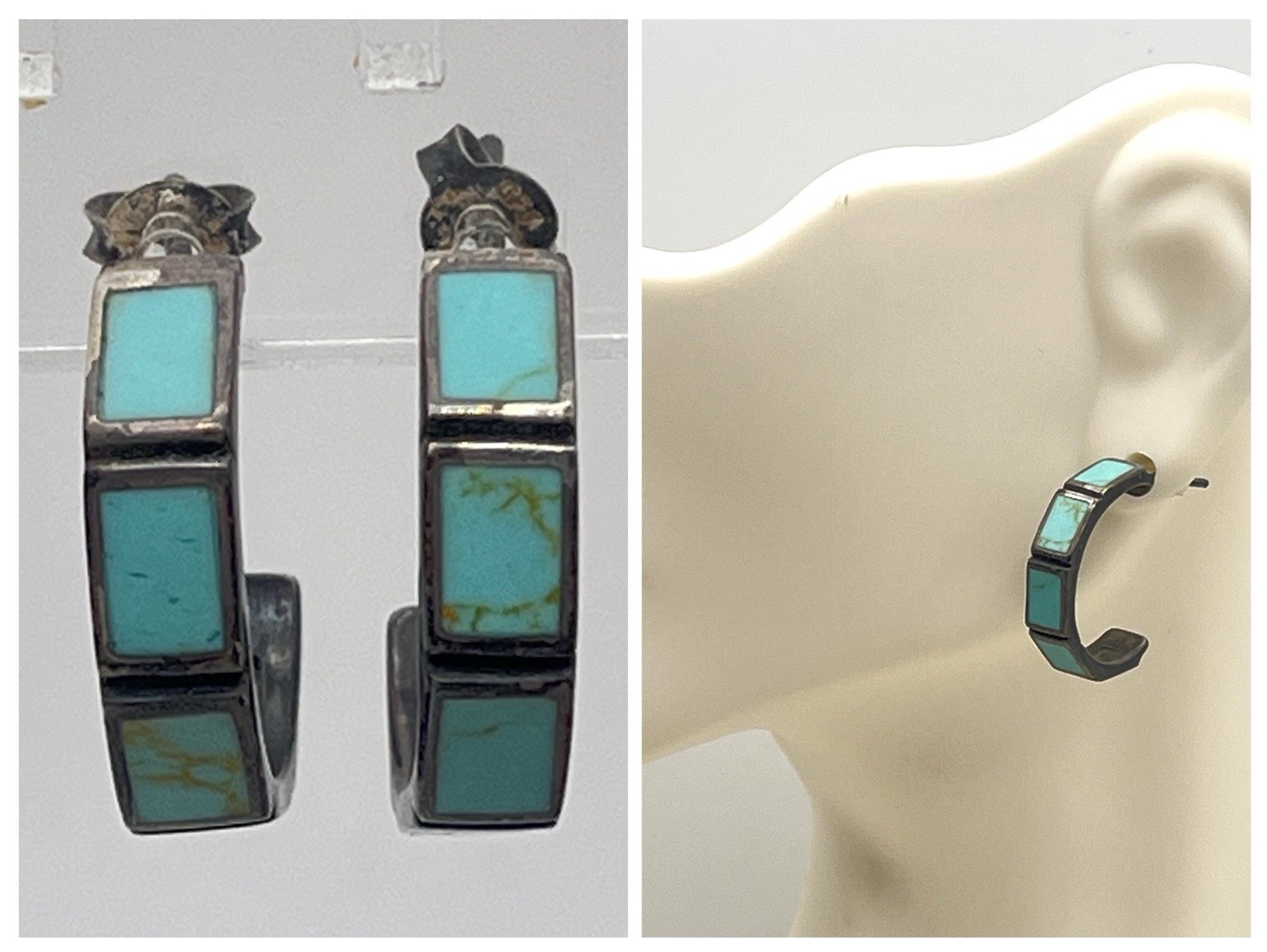 Vintage Sterling Silver Earrings Turquoise Inlay Stamped 925 Thailand 1″