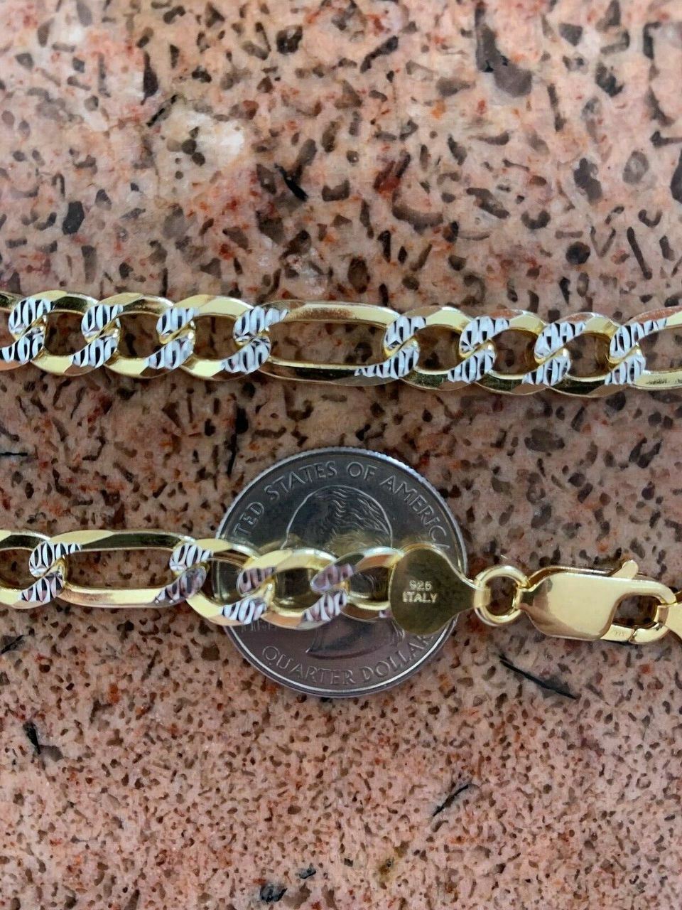 Mens 8mm 14k Gold Plated Solid Sterling Silver Figaro Chain Two Tone Diamond Cut