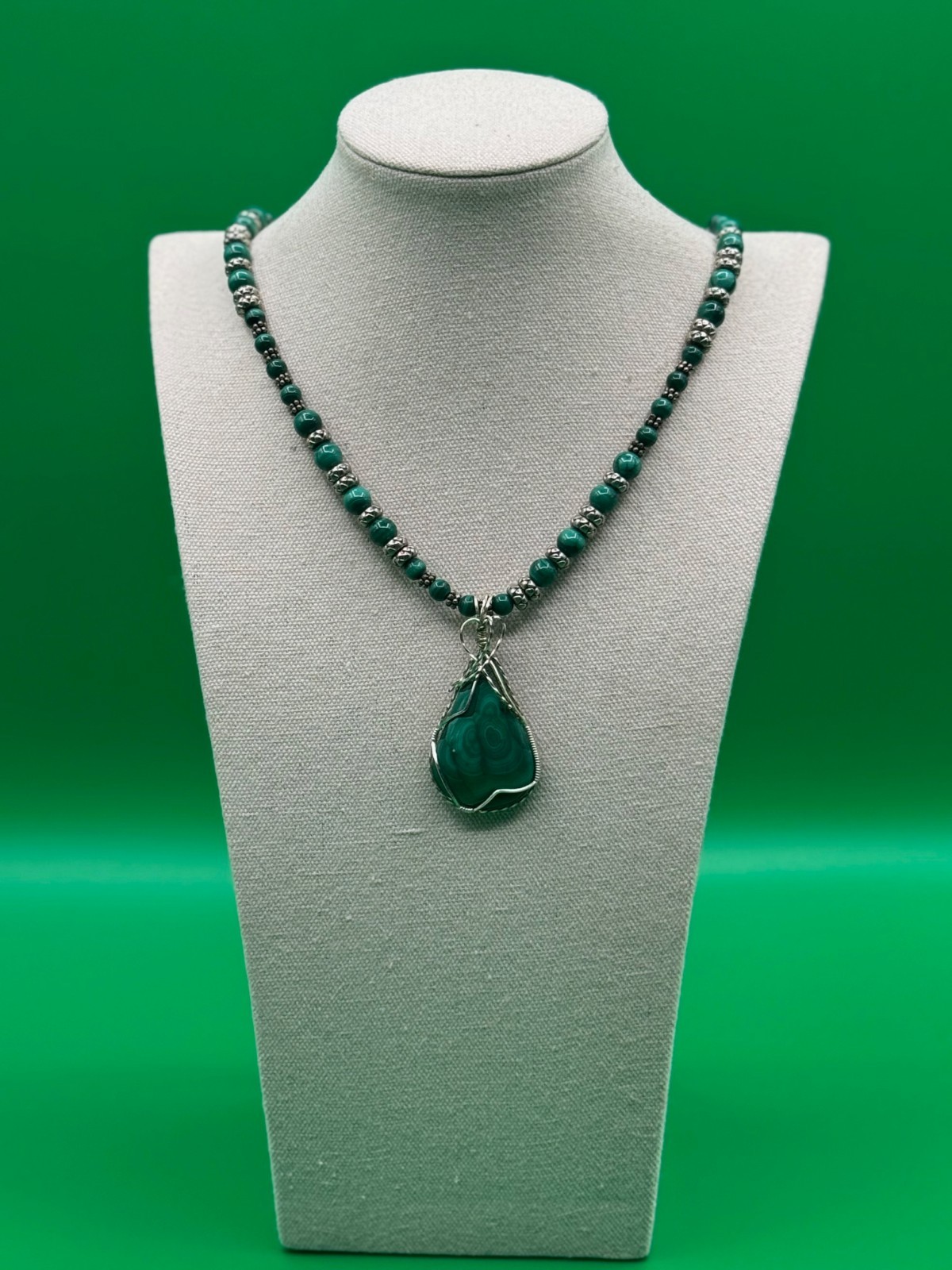 Malachite and sterling wire wrapped pendant necklace handcrafted 28 in 140 gm