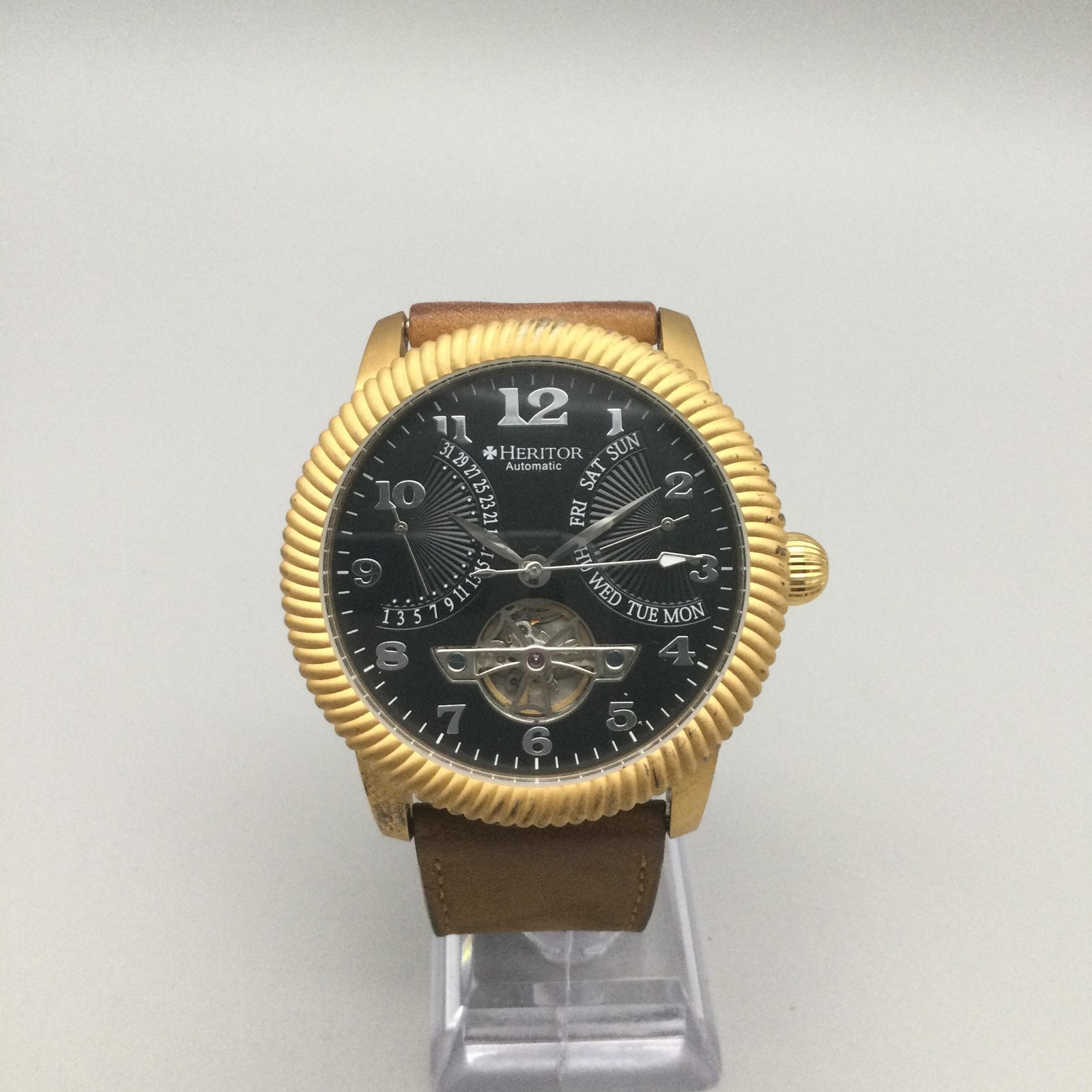 Heritor Mens Watch 45mm Gold Tone Black Dial Brown Leather Automatic Day Date