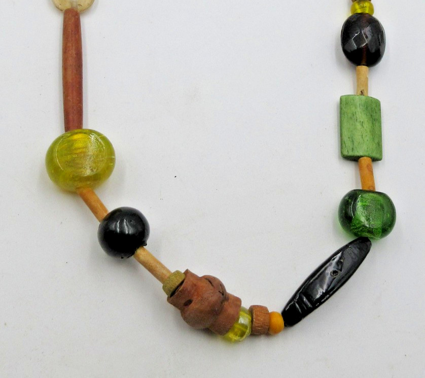VTG UNUSUAL 33″ long green blue brown silver tone bead strand wood Necklace