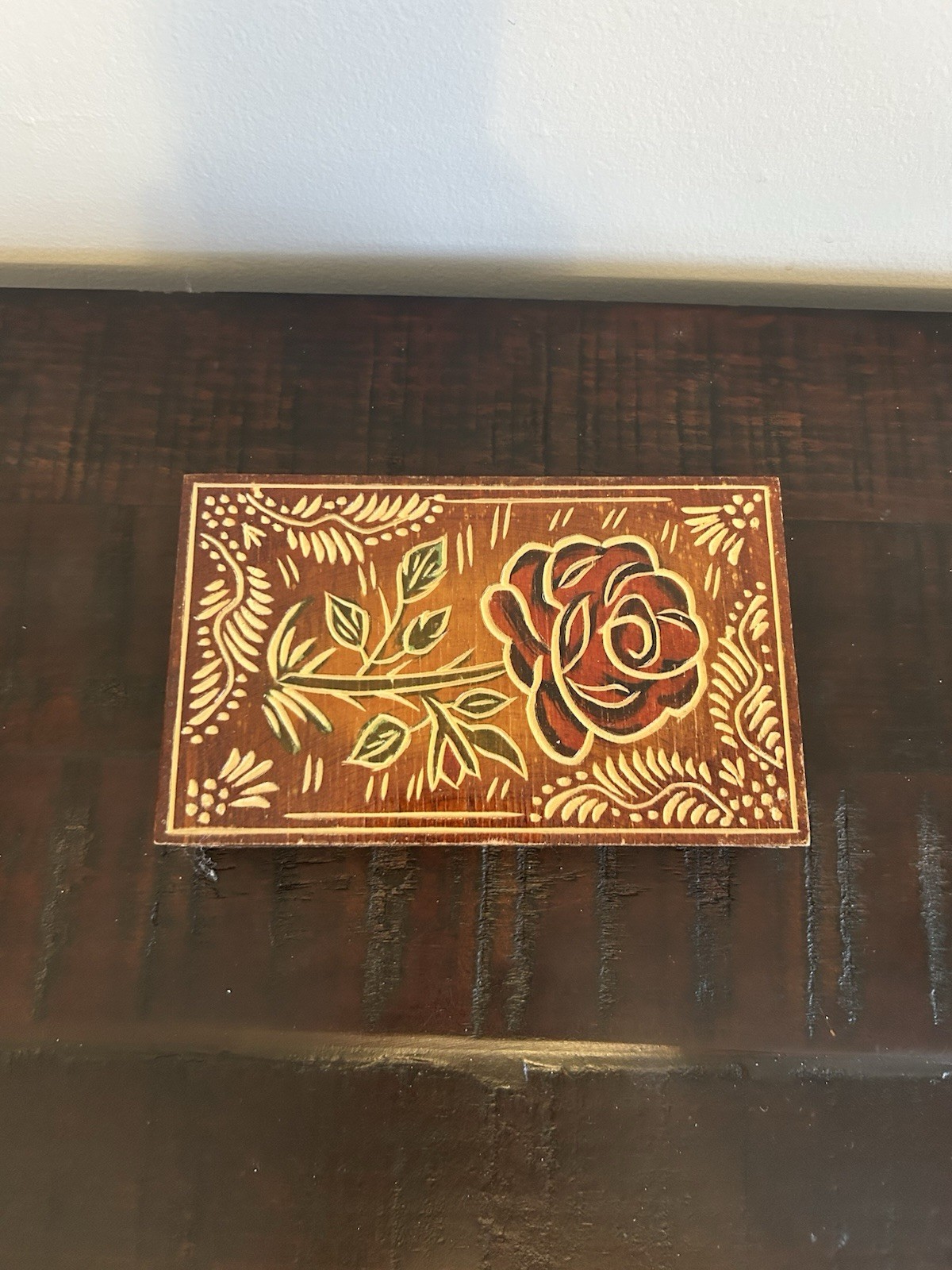 Vintage Hand Carved Wooden Jewelry Box Likely From Mid 20th Century