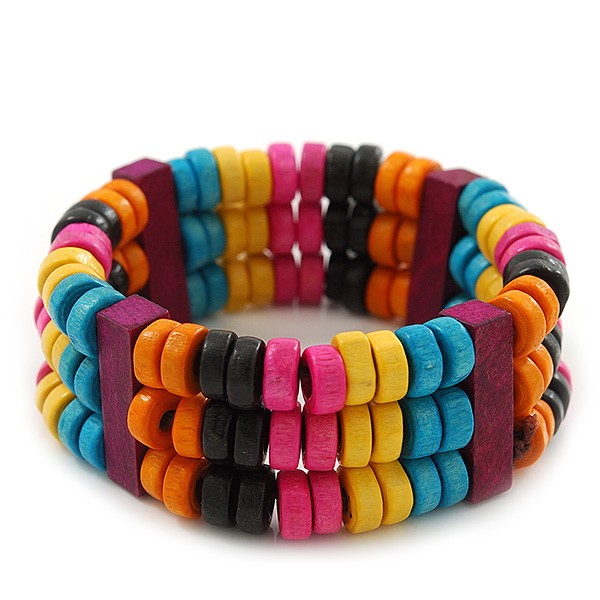 Multicoloured Wood Bead & Bar Flex Bracelet – 18cm Length