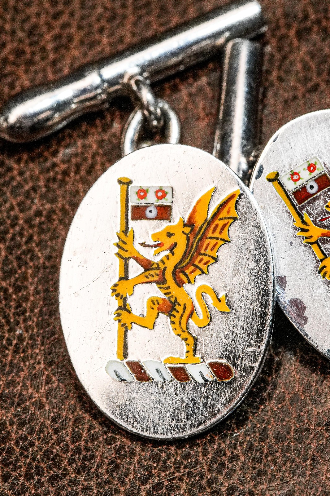 Striking Hand Painted Enamel Sterling Silver Antique English Cufflinks Armorial