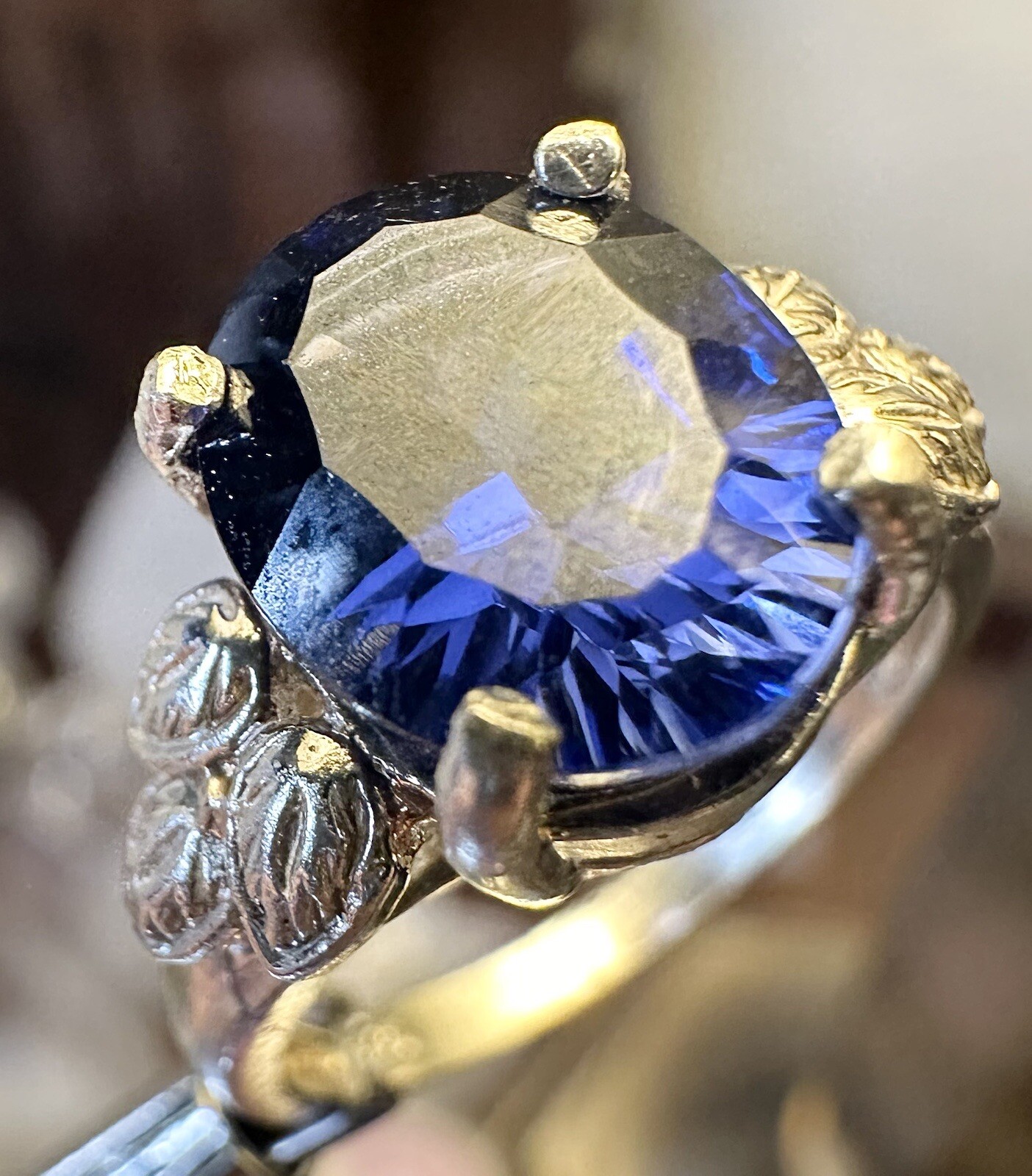 Lovely Deep Blue Lab Created Sapphire 925 Sterling Silver Leaf Detail Ring Sz 6