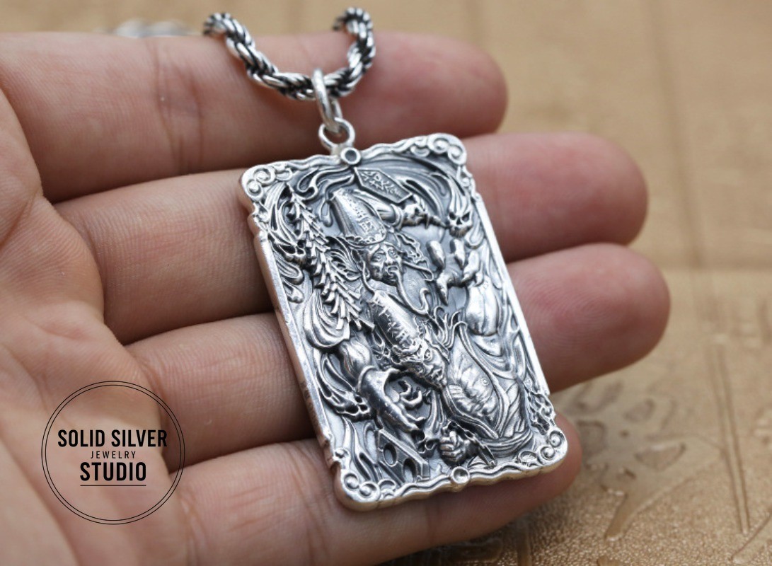 HUGE S999 Pure Silver God of Wealth Pendant Taoist Amulet Good Fortune Talisman