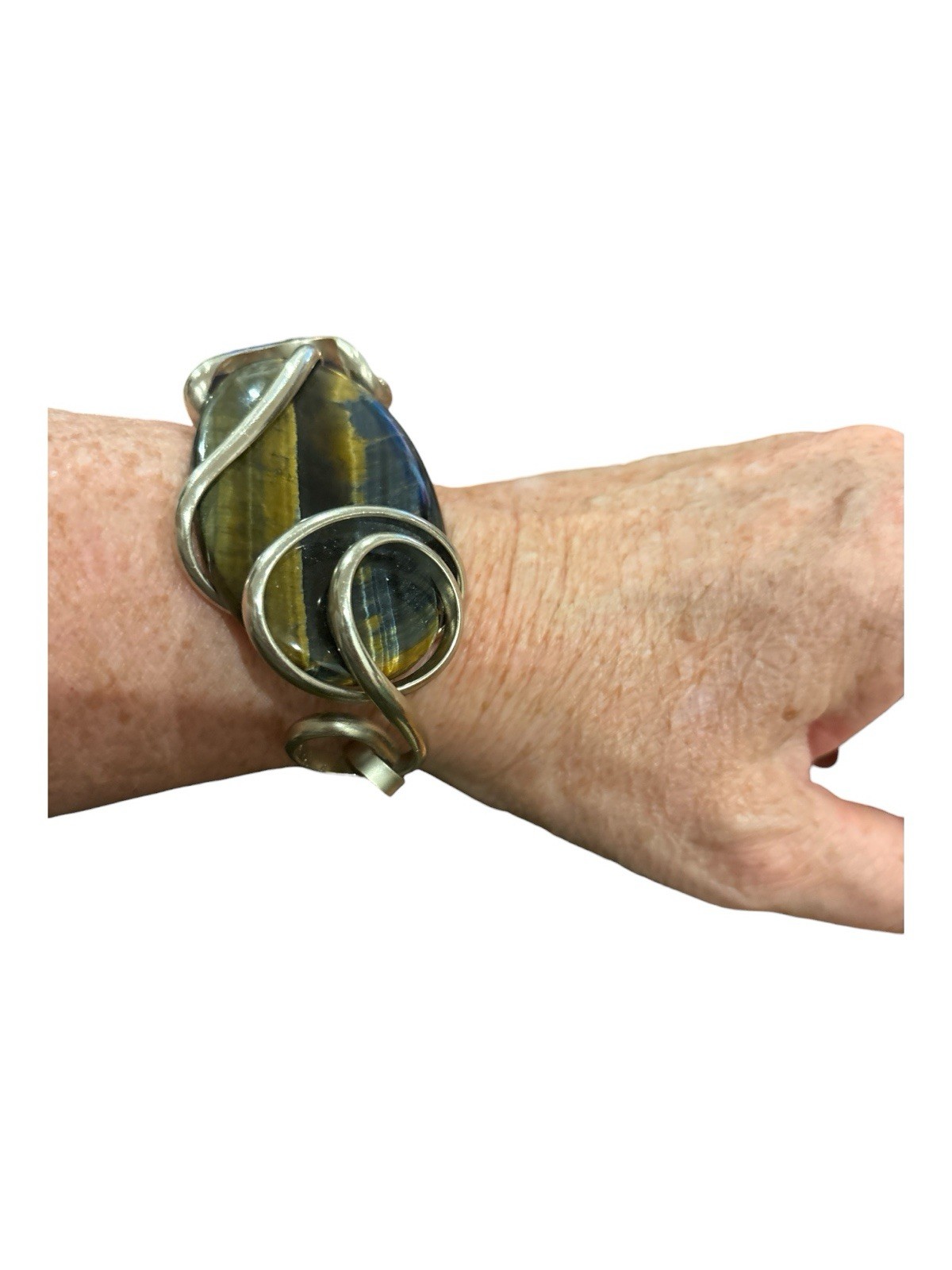 VTG HAND CRAFTED SILVER WIRE WRAP CUFF BRACELET 3” BLUE GOLD TIGER’S EYE STONE