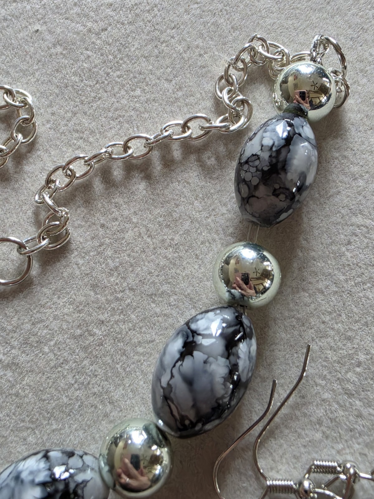 Beautiful Artisan Glass Bead Necklace + Drop Earring Silver Tone Black Classic