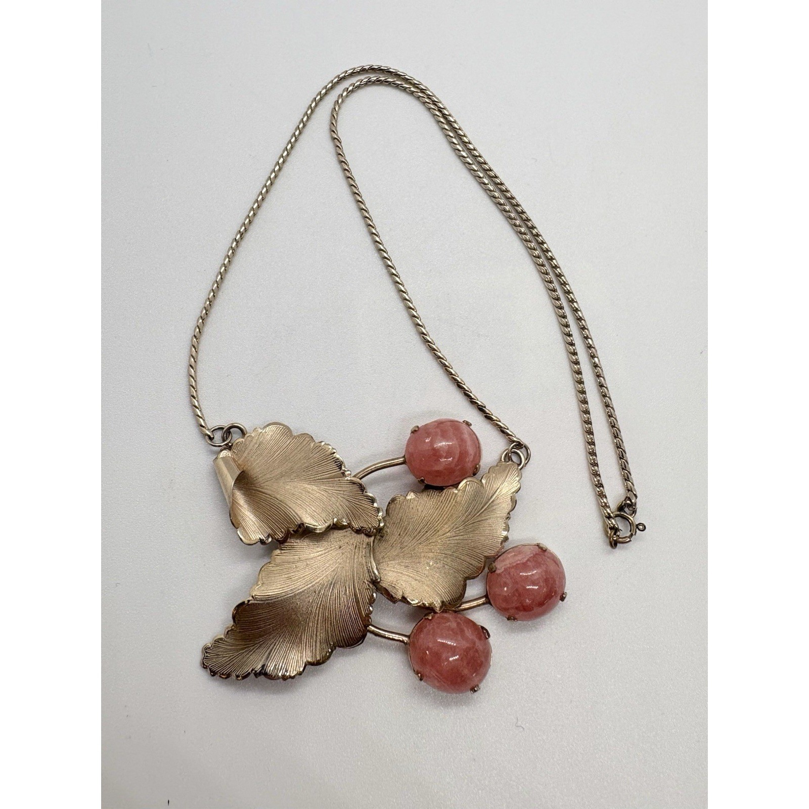 Vintage JJJ Gold-Filled Pink Rhodochrosite Gemstone Leaf Necklace Mid Century