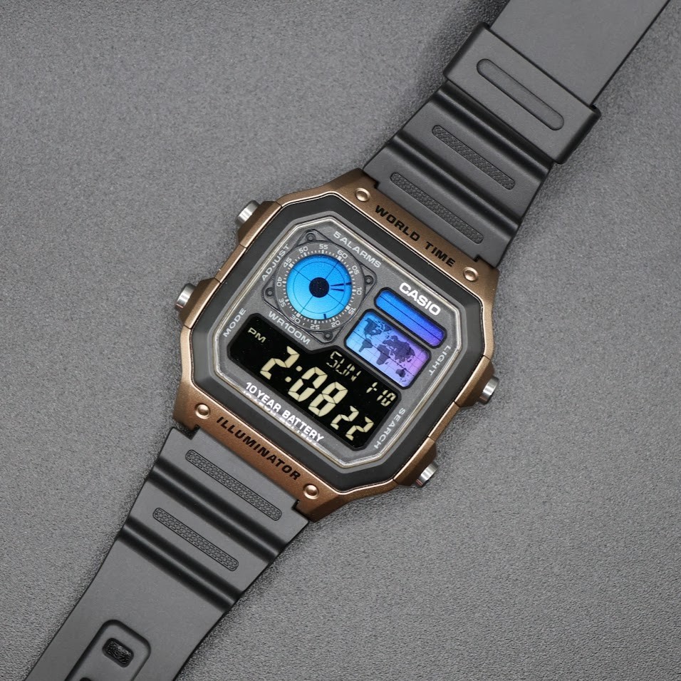 CASIO AE-1200WHD. Royale World Time Watch Mod. Blue Filter. Negative Display