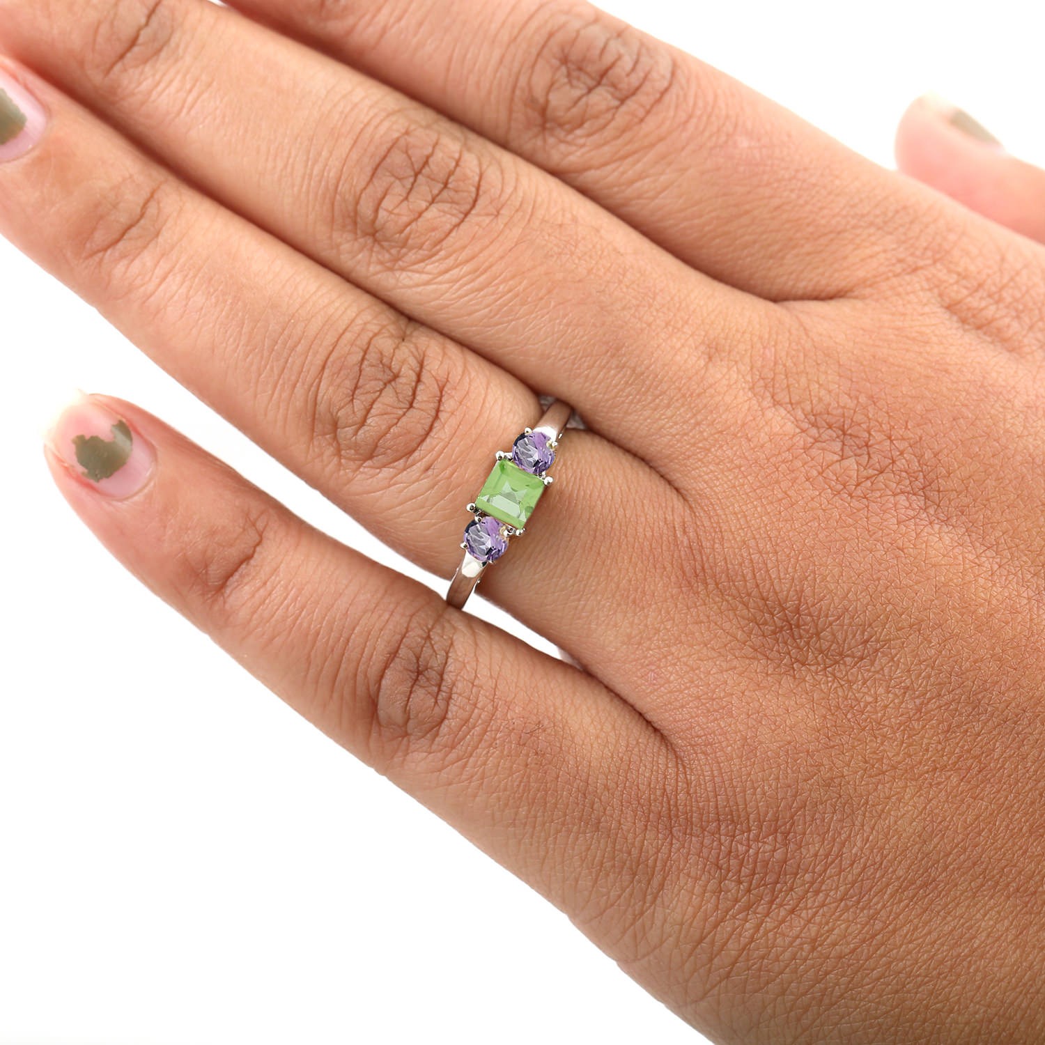 925 Sterling Silver Peridot Amethyst Band Ring, Minimalist Jewelry for Her