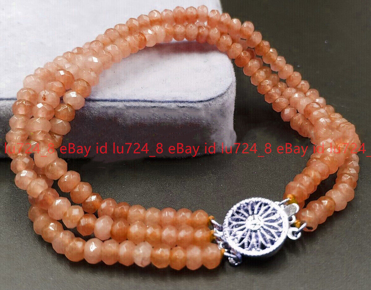 3 Rows 2x4mm Natural Light Orange Jade Gems Faceted Rondelle Beads Bracelet 6-9″