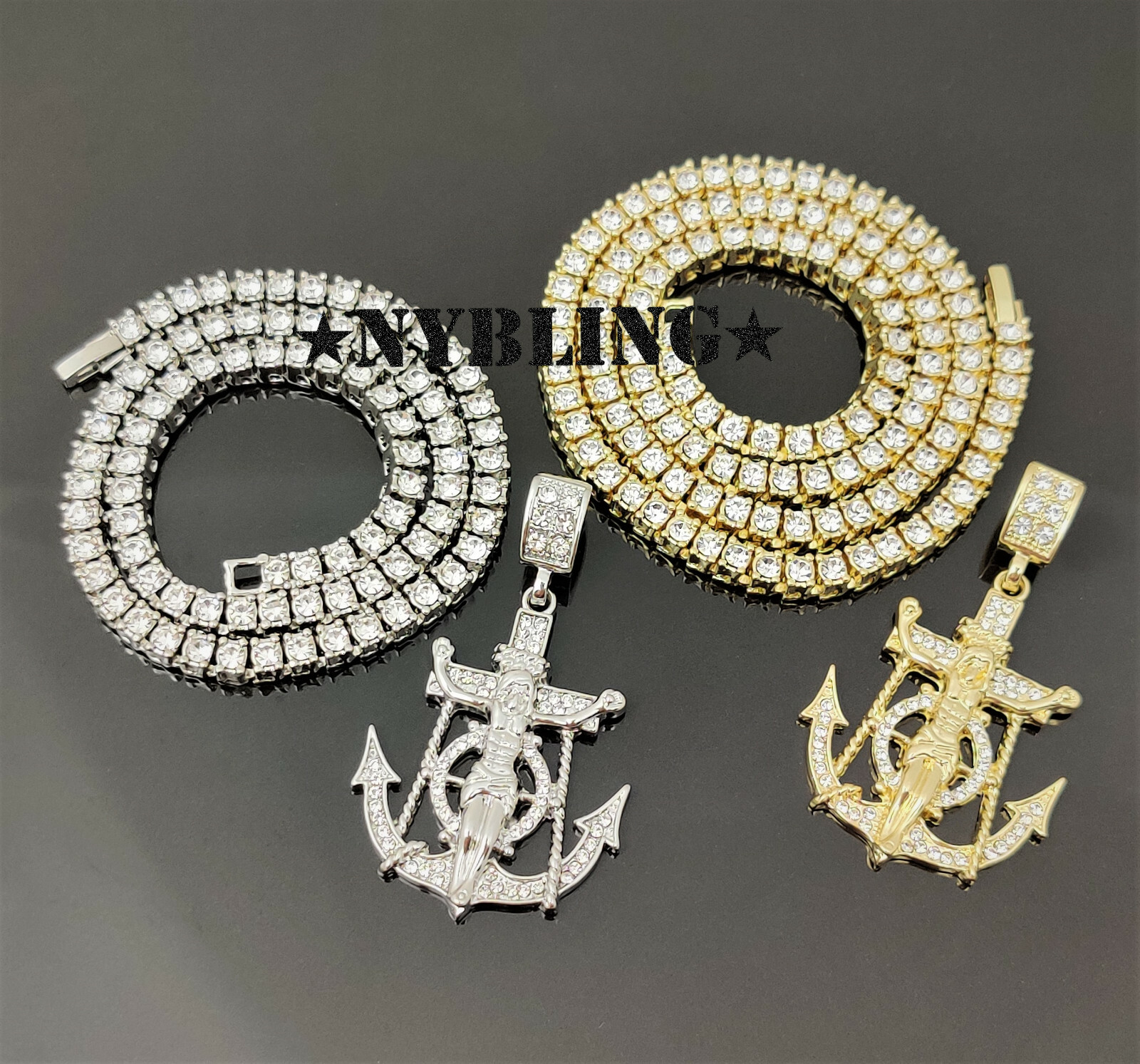 ICED Jesus Anchor Pendant with Tennis Chain Necklace Plated Hip Hop CZ Jewelry