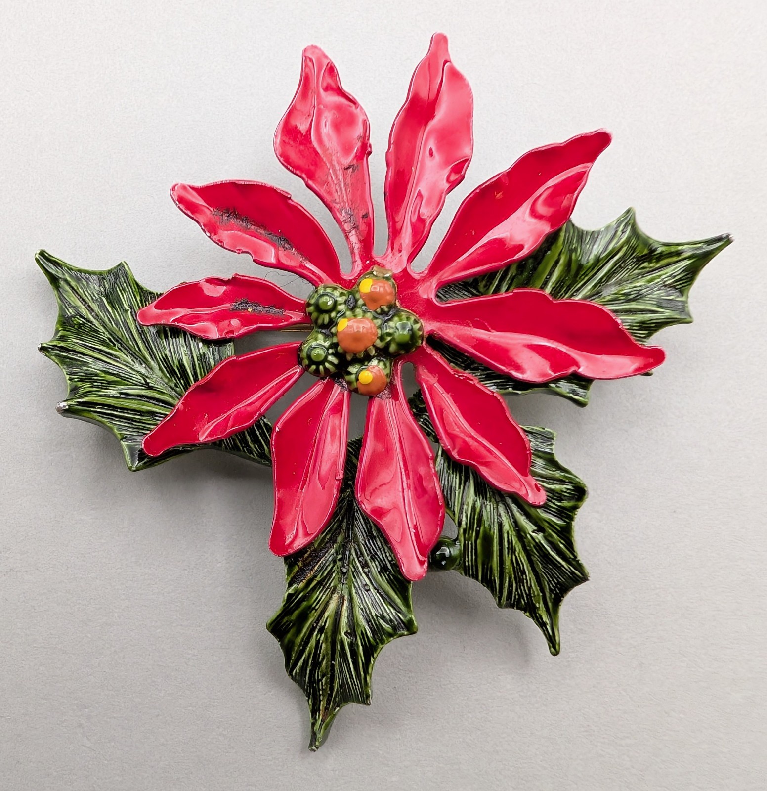 Vintage Red Enamel Poinsettia Brooch Green Holly Leaves Christmas Flower Pin