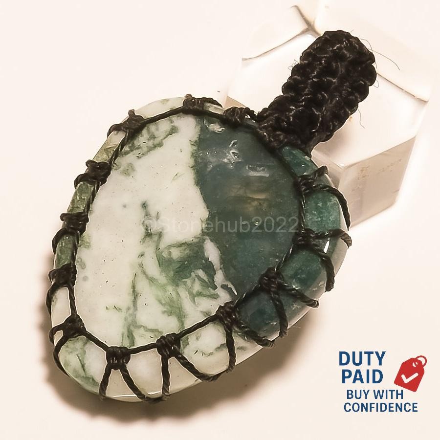 925 Sterling Silver Moss Agate Threaded Wife Handmade Art Deco Wedding Pendant