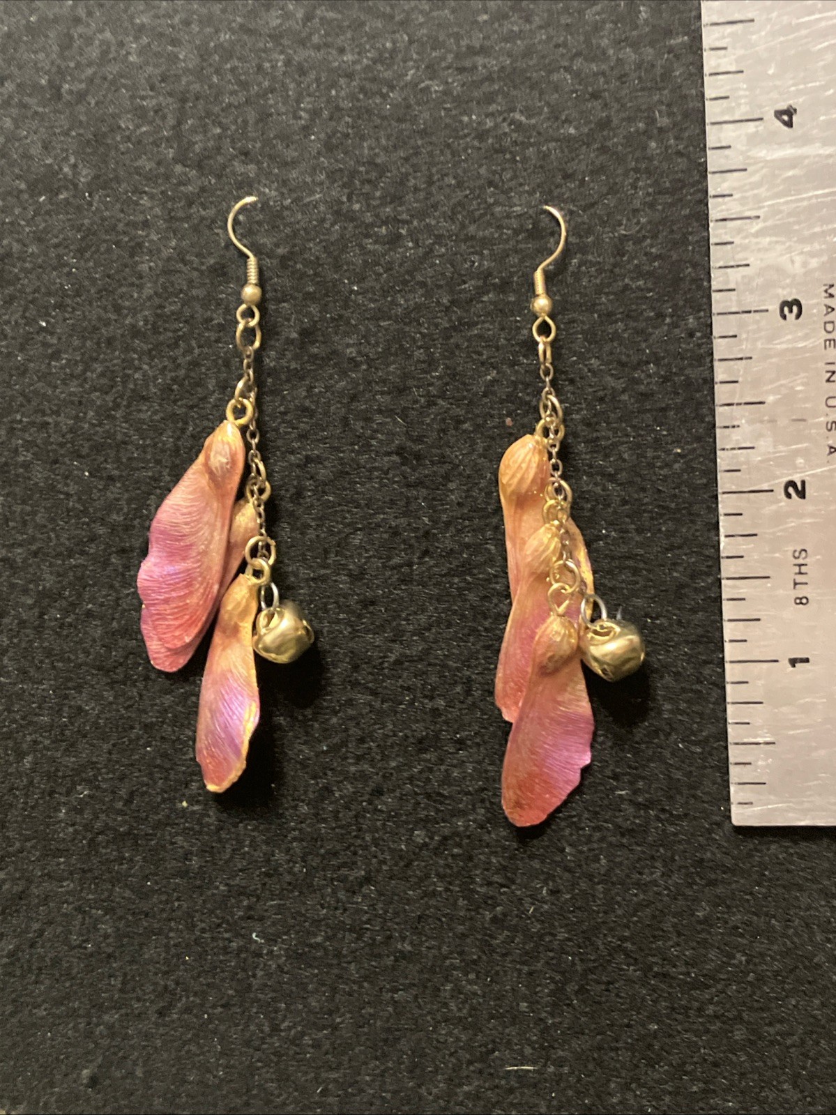Red Maple Pod Dangle Earrings With Bells In Gold Tones, MiaChavi Geekery