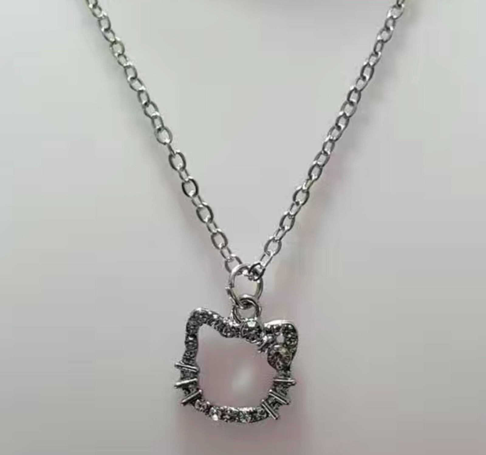 Sparkly, Cartoon Hello Kitty Head With Silver Bow Pendant, Silver Chain Necklace