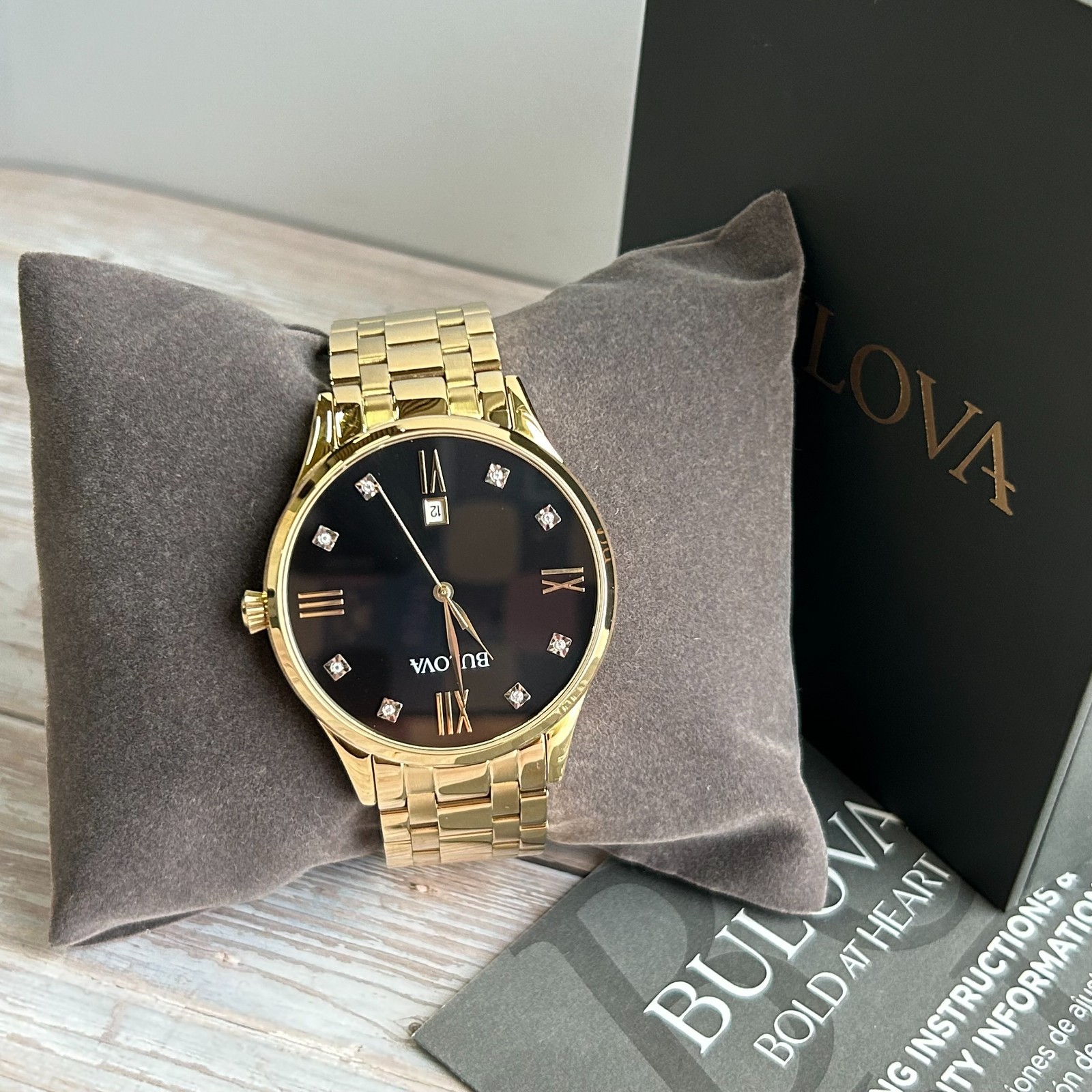 Bulova 97D108 Classic Diamond Black Dial Gold-Tone Men’s Quartz Watch 40mm New