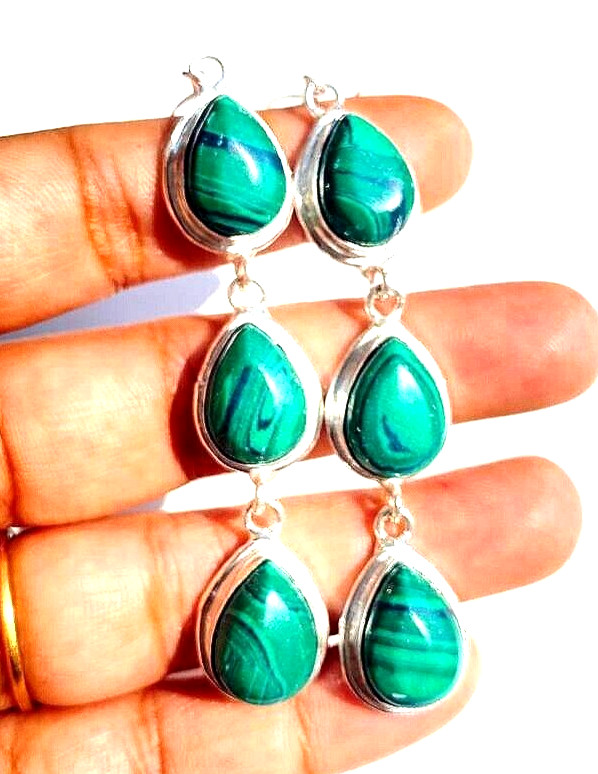 Natural Malachite Gemstone 925 Sterling Silver Handmade Jewelry Earrings 2.10″