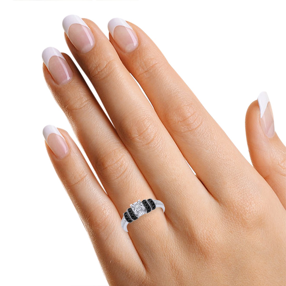1/8 Ct Black & White Natural Diamond Promise Ring Sterling Silver 925