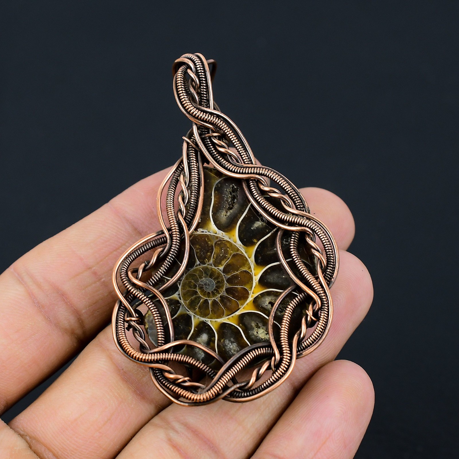 Ammonite Fossil Handmade Gemstones Copper Wire Wrapped Pendant Jewelry