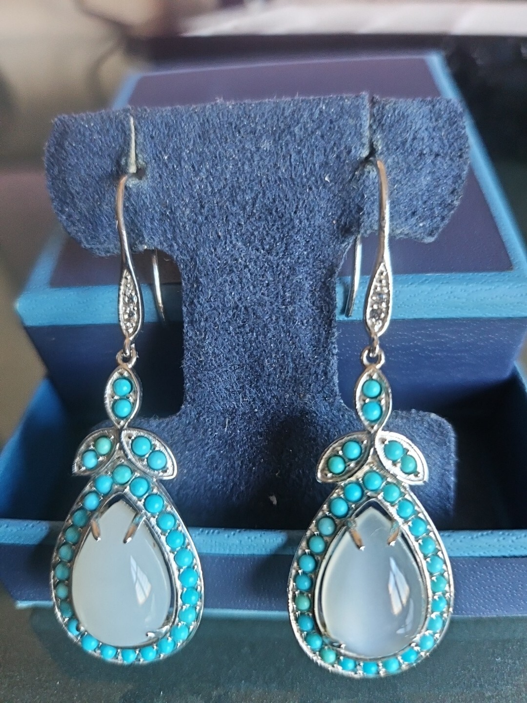 Affinity Gems Moon Stone & Blue Turquoise Sterling Silver 925 Drop Earrings NWOT