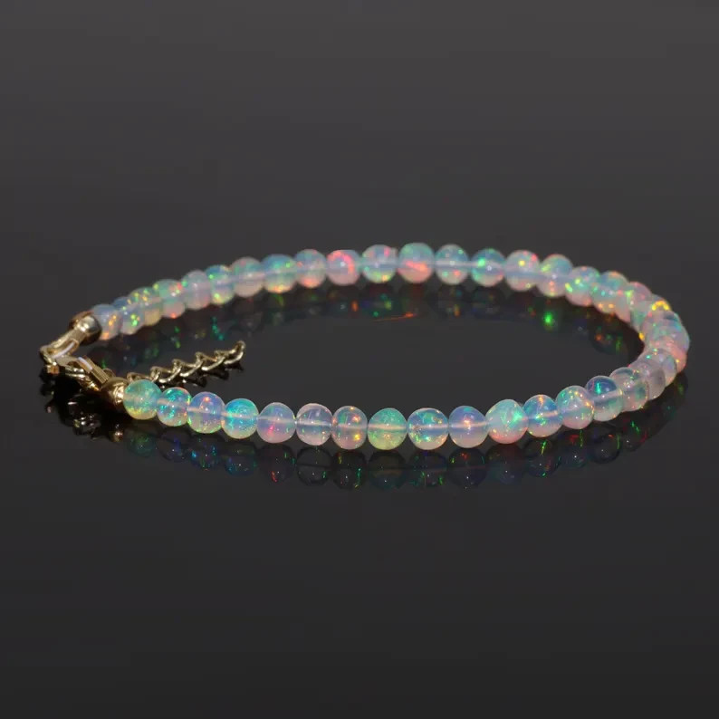 Natural Round Opal Gemstone Jewelry for Her, Ethiopian White Opal Beaded