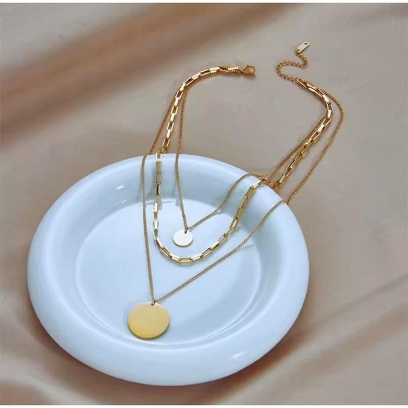 18K Gold Plated Layered Necklace Set Paperclip Chain Coin Disc Pendant Womens