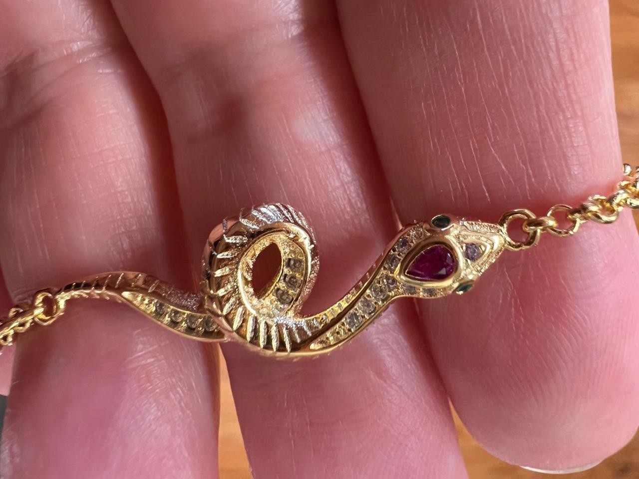REAL 14K Y Gold on Solid 925 ruby diamond Snake Bracelet Victorian Egyptian Rev.