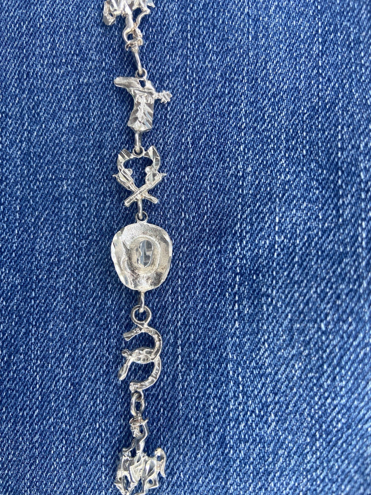 Sterling Silver 925 Vintage Western Charm Bracelet Cable Chain 7.25in