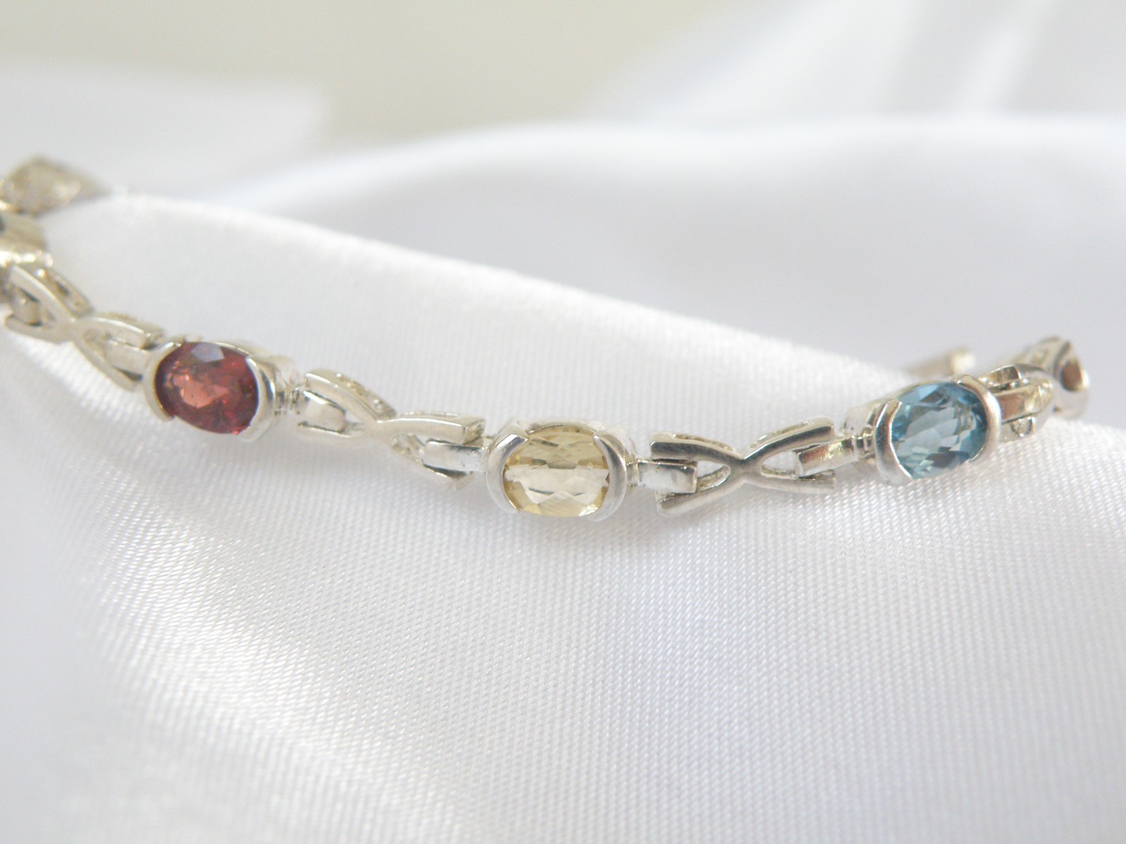 Vintage Sterling Silver 925 Gemstone Tennis Station Link Bracelet 7″