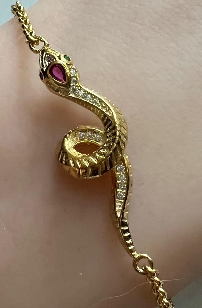 REAL 14K Y Gold on Solid 925 ruby diamond Snake Bracelet Victorian Egyptian Rev.
