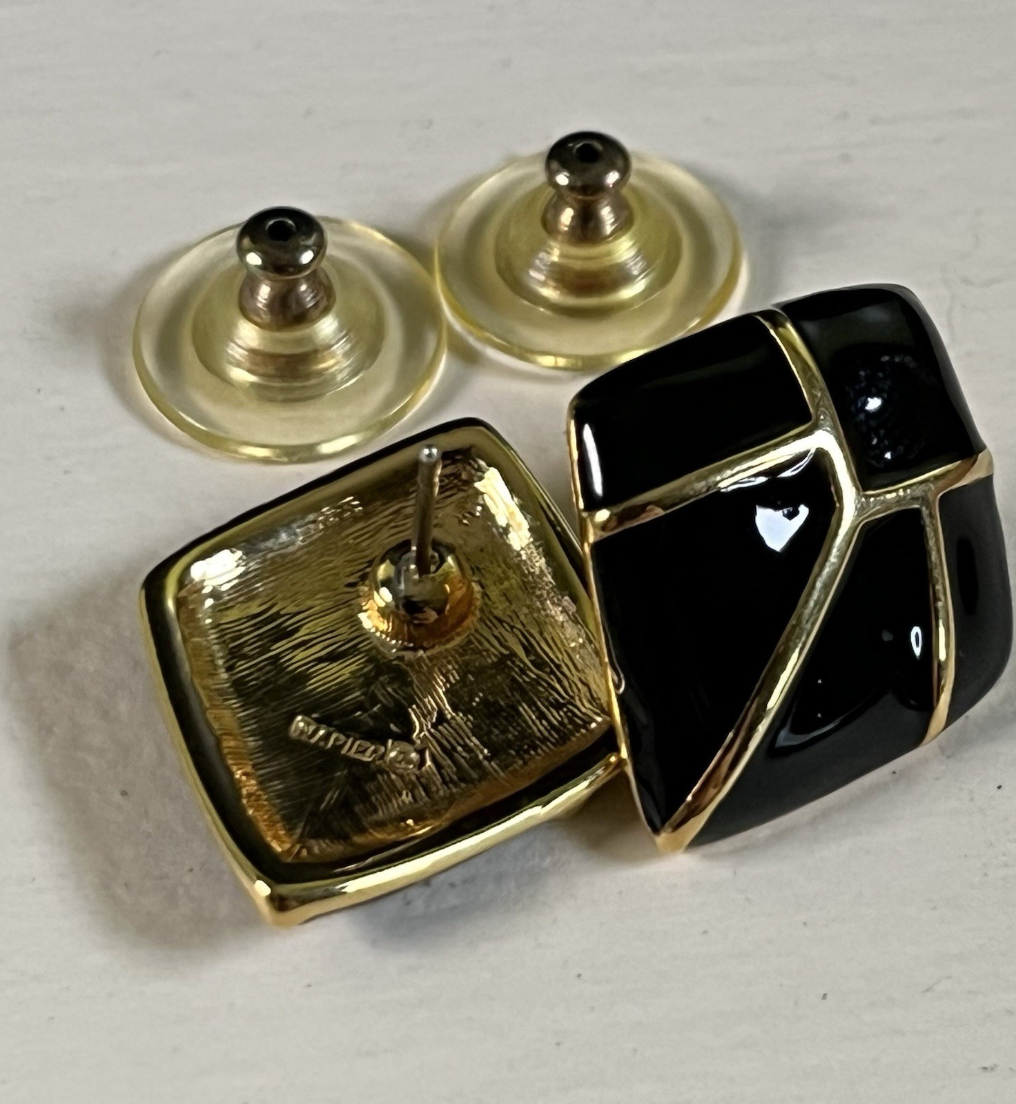 Vintage Black Glass Beaded Necklace w/ 3 Pairs of Black & Gold Enamel Earrings