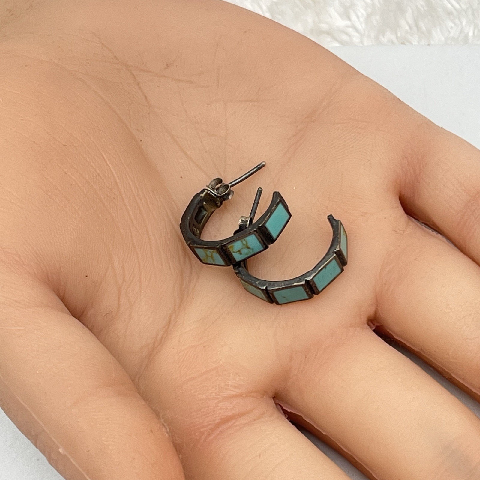 Vintage Sterling Silver Earrings Turquoise Inlay Stamped 925 Thailand 1″